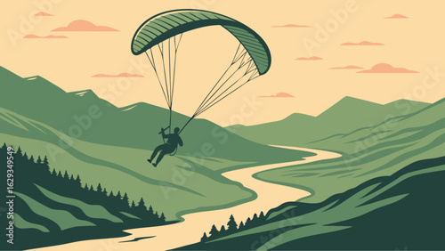 Paragliding Adventure in Mountainous Landscape.