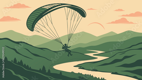 Paragliding Adventure Over Mountainous Landscape.