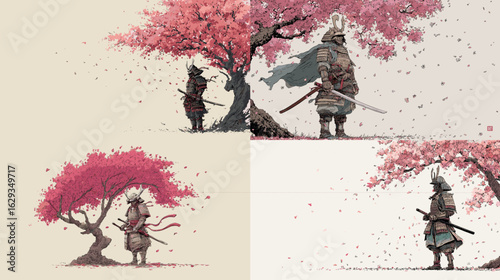 Elegant samurai illustrations under cherry blossom trees with falling petals—ideal for Japanese tradition, warrior themes, or poetic scenic artworks.

