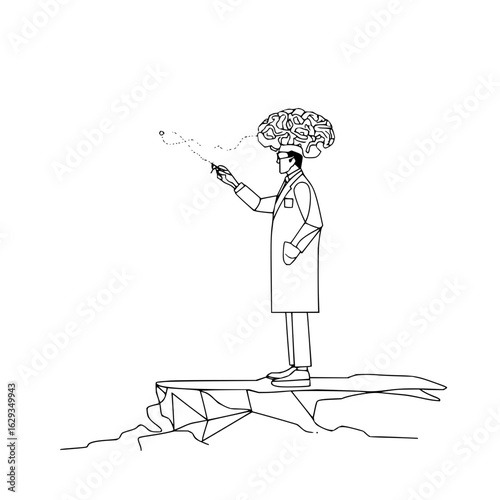 A scientist in a lab coat stands on a cliff with a brain above his head and a pen in his hand drawing