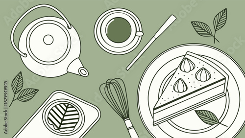 Simple Line Art of Tea Cake and Baking Utensils.