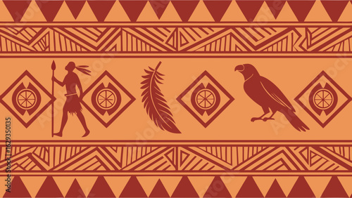Tribal Pattern with Figures of People Birds and Feathers.