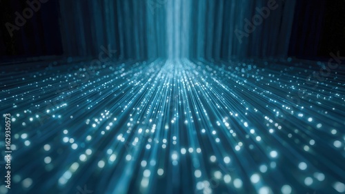 Mesmerizing digital landscape showcases blockchain technology in supply chain management, with glowing particles flowing seamlessly