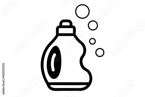 Transparent glass and plastic bottles containing various liquids like water, oil, and detergent are isolated on a white background