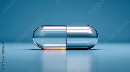 Futuristic translucent capsule floating against a blue medical backdrop with light refraction.
