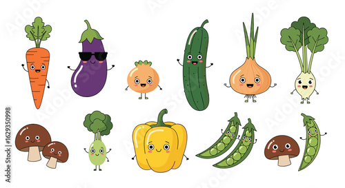 Cute cartoon vegetables with happy faces and sunglasses expressing fun and joyful emotions