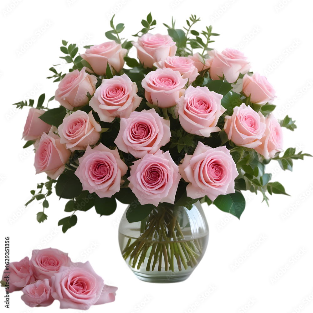 Obraz premium Pink roses bouquet with green leaves isolated on white background