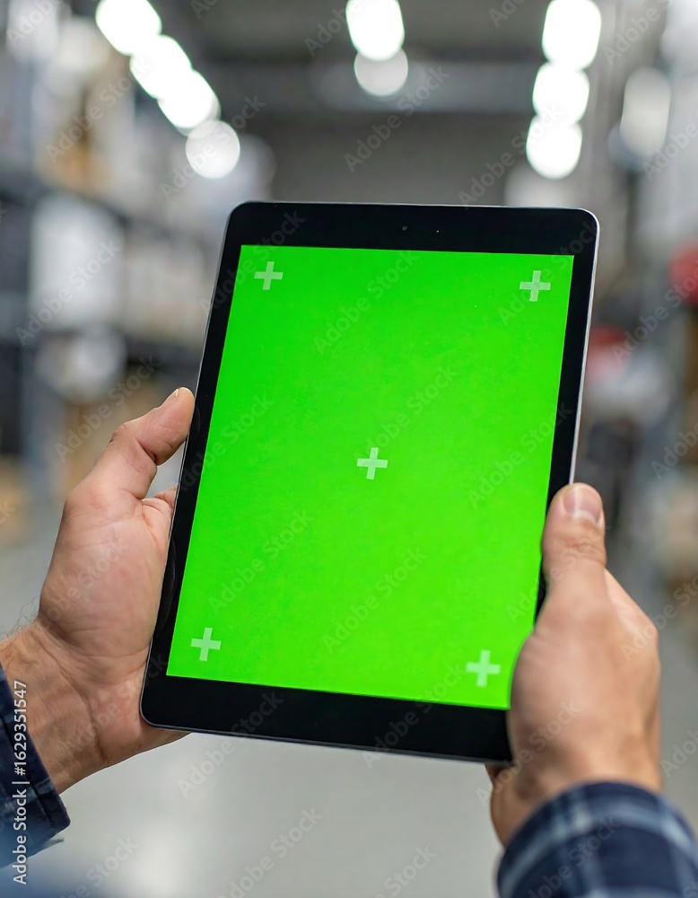 Naklejka premium Tablet in hands, green screen
