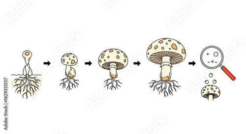 Visualizing the life cycle and growth stages of a common mushroom from spore to mature fruiting body