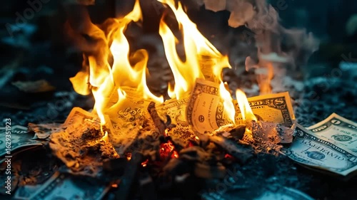 A pile of money on fire with a lot of money around it