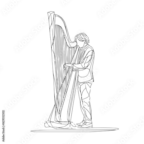 Line drawing of a person playing a harp while standing with a suit on a white background scene