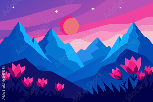 Vibrant mountain landscape with pink flowers under a twilight sky