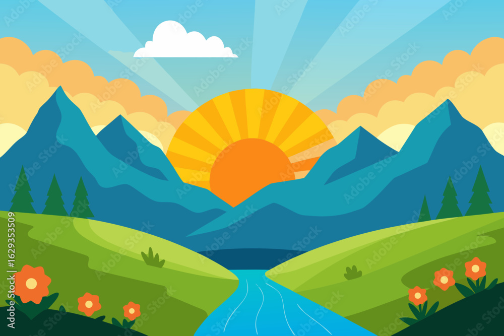 Fototapeta premium Vibrant mountain landscape with sunrise and river