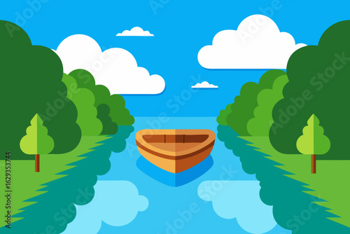 Flat design illustration of a wooden rowboat on a calm blue river surrounded by green trees and white clouds