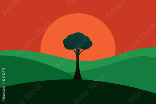 Stylized landscape with a lone tree against a vibrant sunset