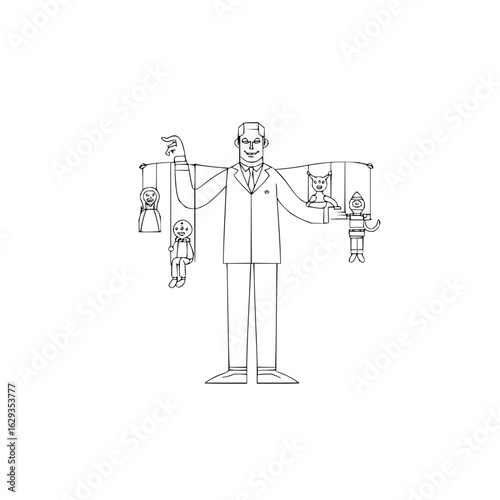 A man in a suit controls puppets of a girl, a boy, a cat, and a robot with strings attached to them
