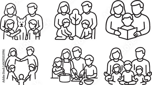 collection of family activity line icons showing parents and children bonding, reading, cooking, playing, and spending quality time together.