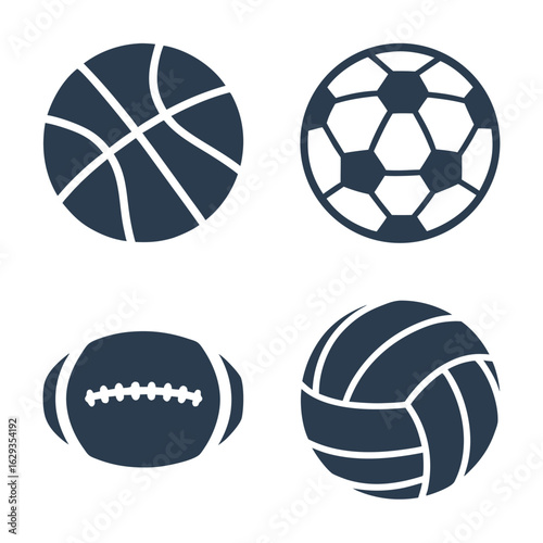 Collection of Four Dark Blue Sports Balls Icons on White Background basketball soccer ball_1.eps