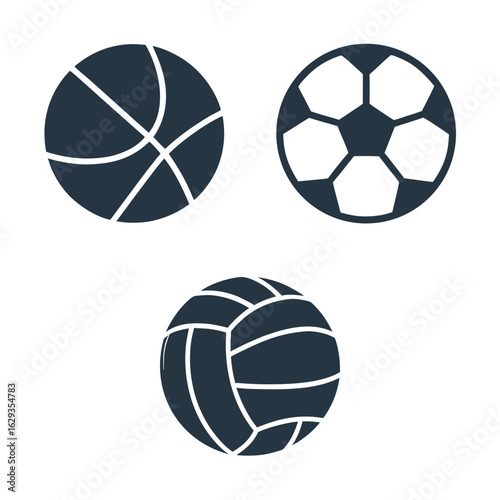 Three Dark Blue Sports Balls Icons on White Background basketball soccer ball.eps