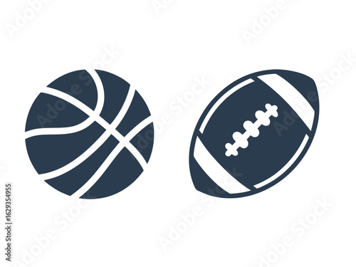 Two Dark Blue Sports Balls Icons on White Background basketball football.eps