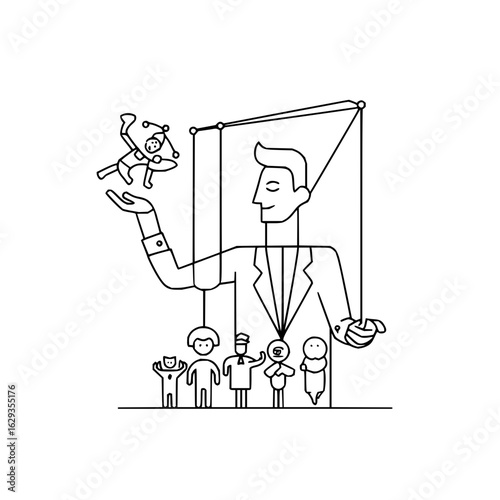 A stylized line drawing of a puppeteer controlling puppets with strings and a marionette above him