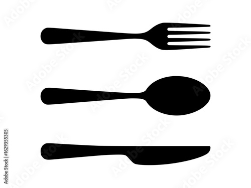 Silhouette illustration of fork, spoon, and knife arranged vertically