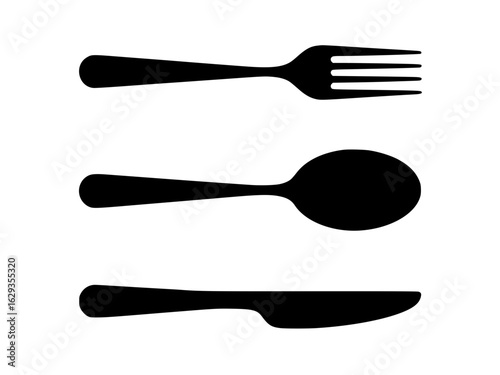 Silhouette illustration of fork, spoon, and knife arranged vertically
