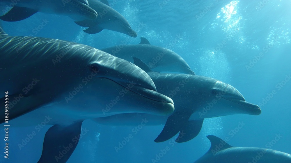 Obraz premium Graceful dolphins swimming in sunlit blue ocean depths 