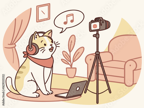 Cool cat photographer with camera and stylish outfit in a cozy home studio setting