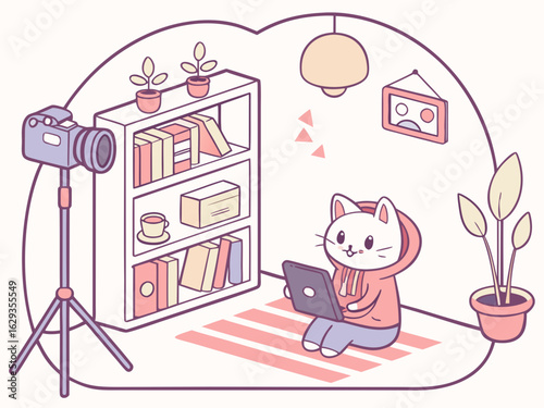 Cool cat photographer with camera and stylish outfit in a cozy home studio setting