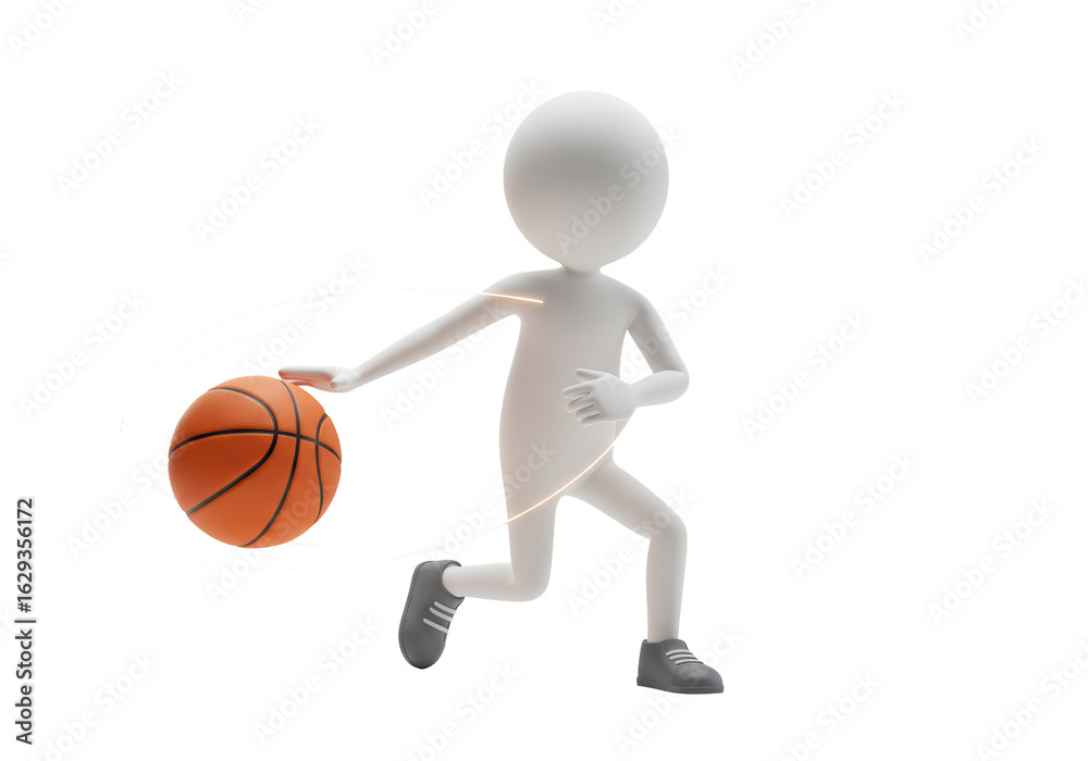 Fototapeta premium Isolated 3D white stick figure dribbling a basketball with motion effects