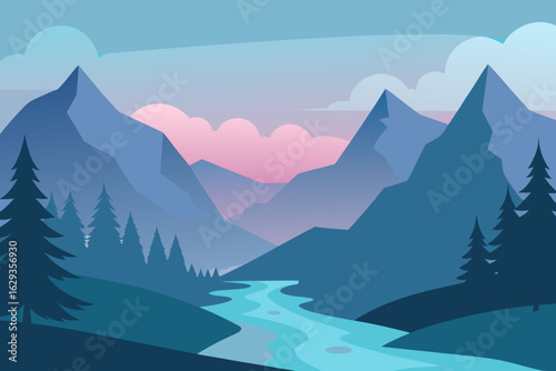 Flat design landscape with mountains river and pine trees at sunset