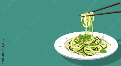Zucchini noodles with chopsticks on a green background  