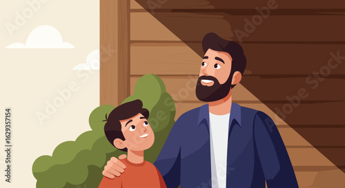 Father and son looking up and smiling in front of house outdoors  
