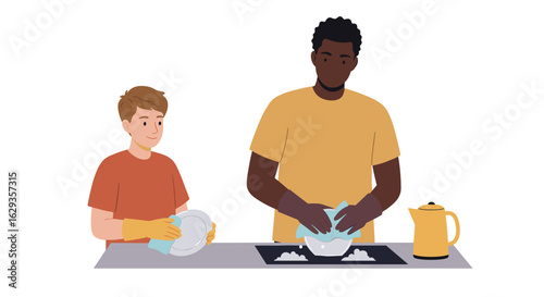 Father and son washing dishes together in kitchen with joy  