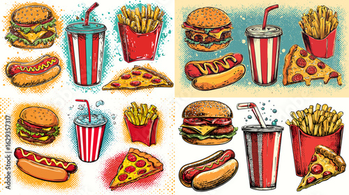 Pop art-style fast food illustrations with burgers, fries, hotdogs, pizza, and soda cups—perfect for restaurant menus, junk food promotions, or snack content.

