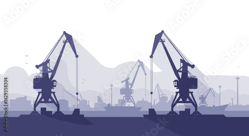 Industrial port cranes silhouette in blue tones