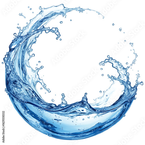 Blue water splash with clear droplets isolated on white background