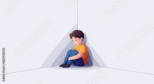 Sad boy sitting alone in corner of empty room