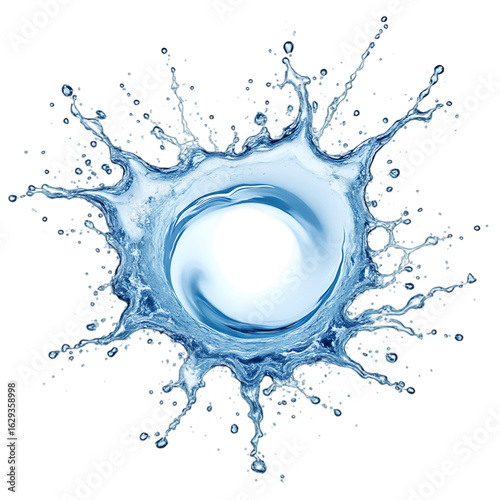 Blue water splash with clear droplets isolated on white background