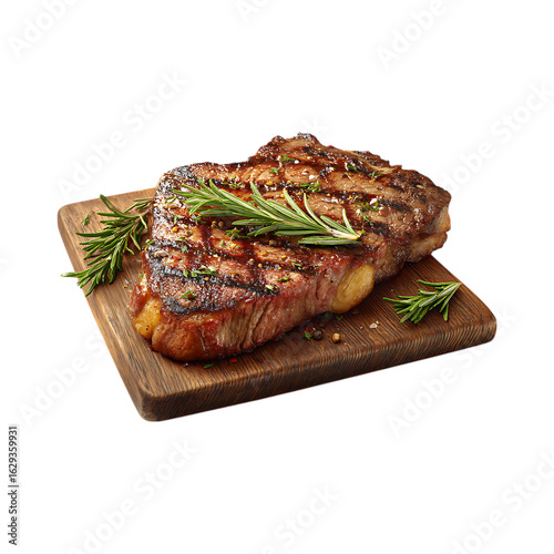 Juicy grilled new york strip steak seasoned with rosemary and peppercorns on a wooden board isolated on transparent background
