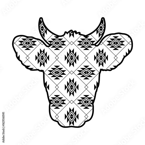 Cow head with ethnic tribal pattern svg cut file. Isolated vector illustration.