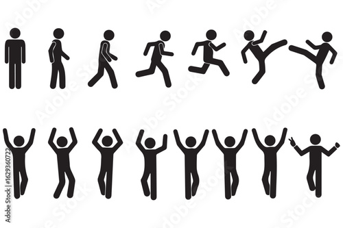 Vector art of stick figures showing different actions such as walking running jumping and celebrating in a simple black and white design