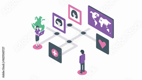 Wallpaper Mural Isometric view of people interacting with digital interfaces and global network links Torontodigital.ca