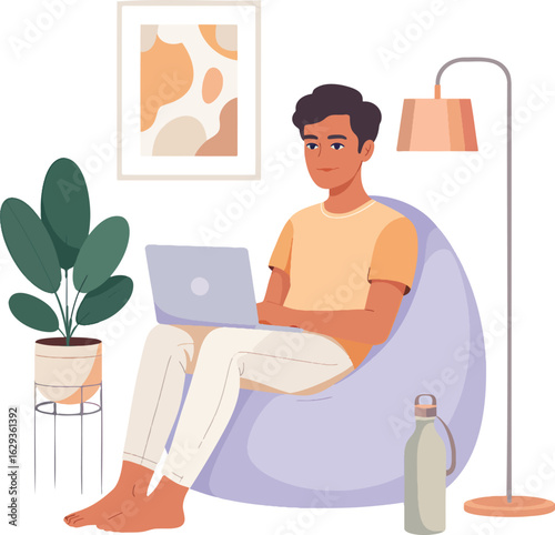 Asian Hipster Sitting on Bean Bag Working on Laptop in Home Office illustration isolated on transparent background