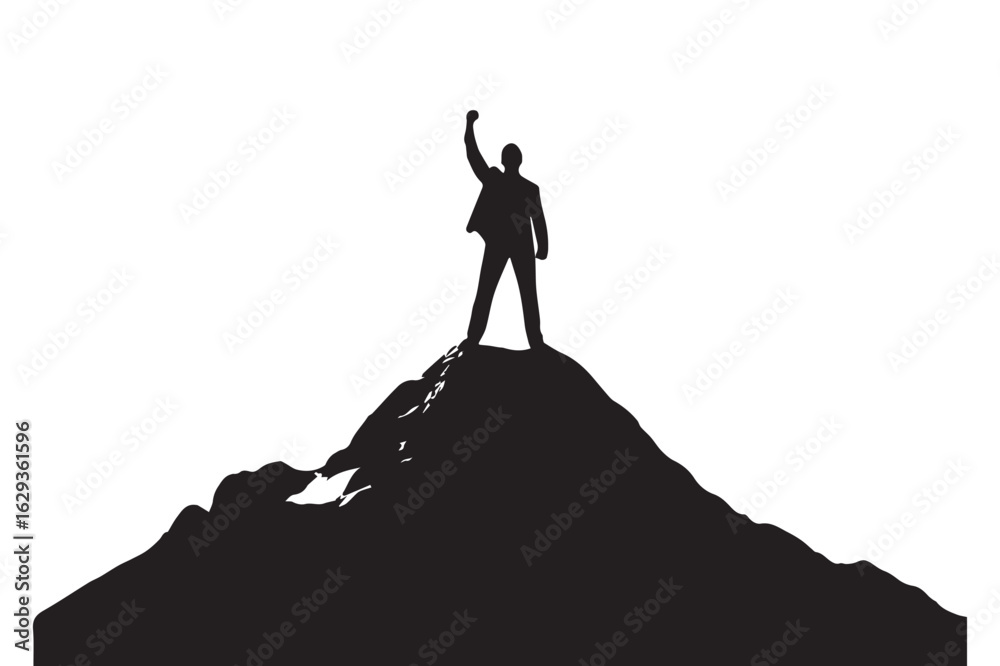 Vector art of silhouette of a successful businessman standing on top of a mountain peak celebrating his achievement Vector art of silhouette of a successful businessman standing on top of a mountain peak celebrating his achievement