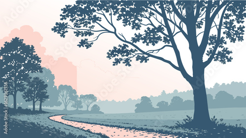 A winding path leads through a serene landscape with silhouetted trees against a soft pastel sky at dawn or dusk