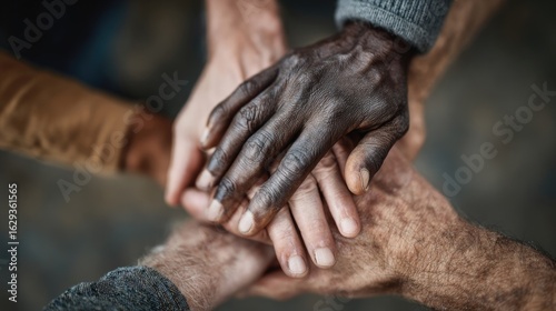The hand of people of different nationalities is placed on top of each other, symbolizing unity, diversity, and acceptance of human differences.