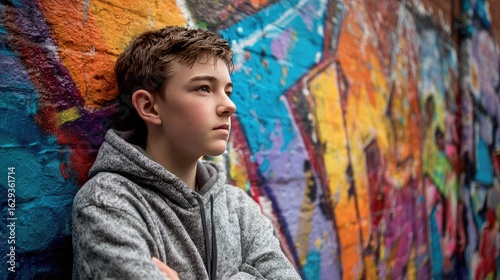 A boy leaning against a graffiti wall, reflecting bright colors, modernity, individuality, and urban youth culture.