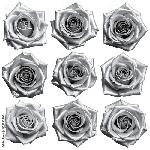 Nine monochromatic rose blossoms, arranged in a grid against a white background